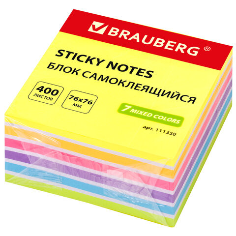 Блок самоклеящийся (стикеры) BRAUBERG НЕОНОВЫЙ 76х76 мм, 400 листов, 7 цветов, 111350 по низкой цене оптом 