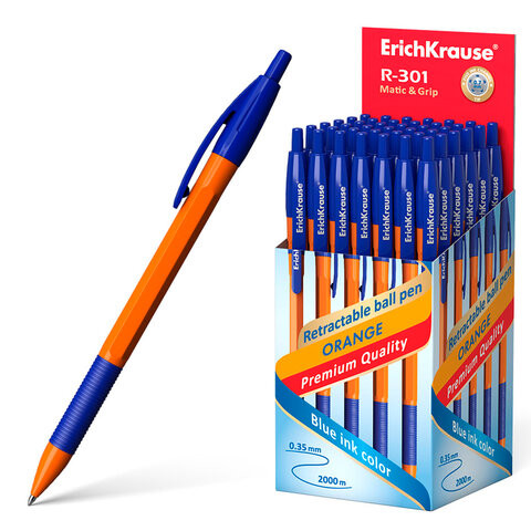 Ручка шариковая автоматическая с грипом ERICH KRAUSE "R-301 Orange", СИНЯЯ, 1,0 мм, линия письма 0,5 мм, 46762 по низкой цене оптом 