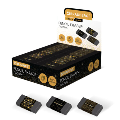 Ластик BRAUBERG GOLDEN BLACK, 50х24х10 мм, ЭКО-ПВХ, прямоугольный, картонный рукав, ассорти, 272728 - Ластики | СнабС Ластик BRAUBERG GOLDEN BLACK, 50х24х10 мм, ЭКО-ПВХ, прямоугольный, картонный рукав, ассорти, 272728