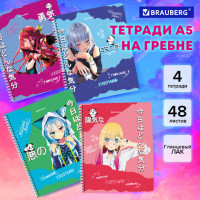 Тетради ДЭК А5 48 л. КОМПЛЕКТ 4 шт., BRAUBERG, гребень, клетка, глянцевый лак, "Anime Girl", 404664
