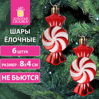 Украшение ёлочное "Конфетки", 6 шт, 8х4 см, пластик, цвет: красный/белый, ЗОЛОТАЯ СКАЗКА, 592002
