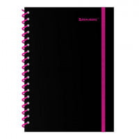 Тетрадь обложка пластик, А5 80л. спираль пластик, резинка, клетка, BRAUBERG, черный/розовый, 405384