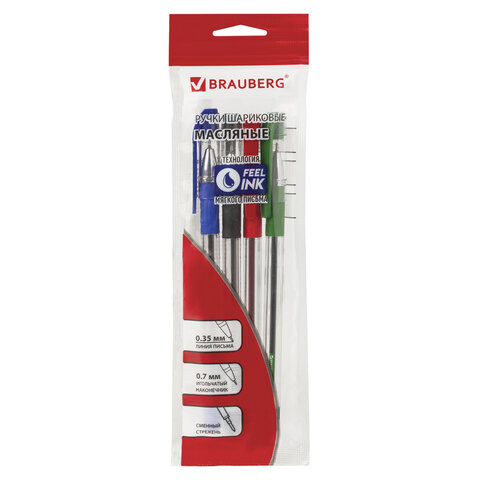 Ручки шариковые масляные BRAUBERG, НАБОР 4 шт., АССОРТИ, "Max-Oil", узел 0,7 мм, линия письма 0,35 мм, 142146 по низкой цене оптом Краснодар, Москва, Уфа, Казань, Барнаул, Владивосток, Хабаровск, Сахалин, Красноярск, Екатеренбург, 