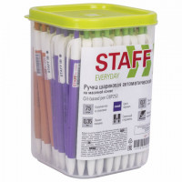 Ручка шариковая масляная автоматическая STAFF "OBP-252", СИНЯЯ, корпус ассорти, узел 0,7 мм, линия письма 0,35 мм, 142970