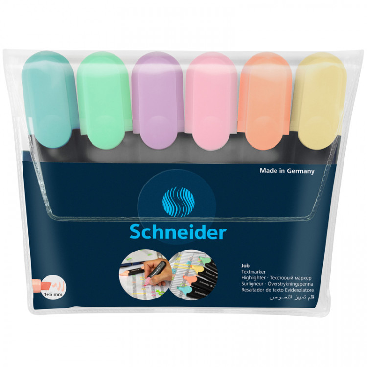 Набор текстовыделителей Schneider "Job" 06цв., пастельные ассорти, 1-5мм, прозрачный чехол по низкой цене оптом Краснодар, Москва, Уфа, Казань, Барнаул, Владивосток, Хабаровск, Сахалин, Красноярск, Екатеренбург, 