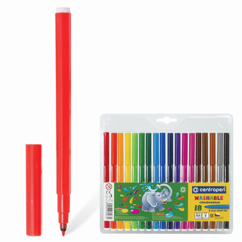 Фломастеры 18 ЦВЕТОВ CENTROPEN "Washable", смываемые, вентилируемый колпачок, 7790/18TP, 7 7790 1885 по низкой цене оптом 