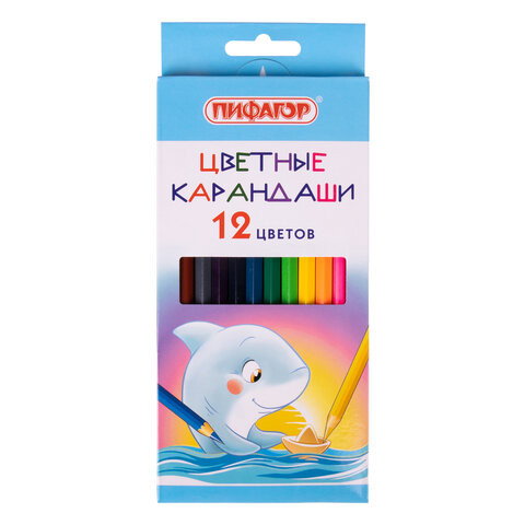 Карандаши цветные ПИФАГОР "Веселые акулята", 12 цветов, классические, заточенные, 181816 по низкой цене оптом Краснодар, Москва, Уфа, Казань, Барнаул, Владивосток, Хабаровск, Сахалин, Красноярск, Екатеренбург, 