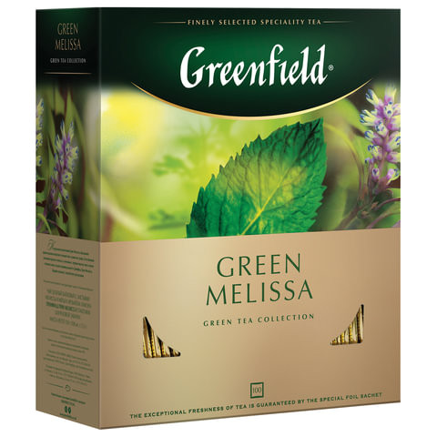Чай GREENFIELD (Гринфилд) "Green Melissa", зеленый, с мятой, 100 пакетиков в конвертах по 1,5 г, 0879 по низкой цене оптом 