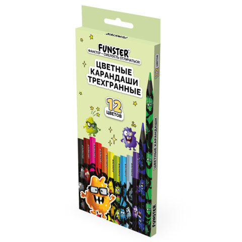 Карандаши цветные FUNSTER (ФАНСТЕР) МОНСТРИКИ, 12 цветов, черный корпус с принтом, трехгранные, 182065 по низкой цене оптом Карандаши цветные FUNSTER (ФАНСТЕР) МОНСТРИКИ, 12 цветов, черный корпус с принтом, трехгранные, 182065 по низкой цене оптом