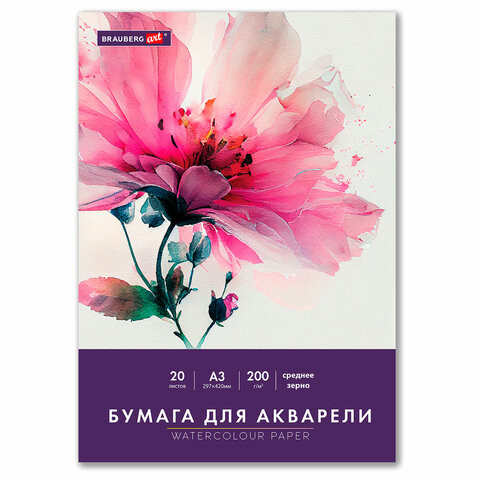 Бумага для акварели БОЛЬШАЯ А3 в папке, 20 листов, 200 г/м2, среднее зерно, BRAUBERG ART CLASSIC, 116352 по низкой цене оптом Бумага для акварели БОЛЬШАЯ А3 в папке, 20 листов, 200 г/м2, среднее зерно, BRAUBERG ART CLASSIC, 116352 по низкой цене оптом