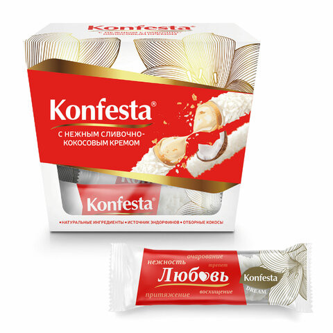 Конфеты KONFESTA со сливочно-кокосовым кремом, вафельные, 150 г по низкой цене оптом Краснодар, Москва, Уфа, Казань, Барнаул, Владивосток, Хабаровск, Сахалин, Красноярск, Екатеренбург, 