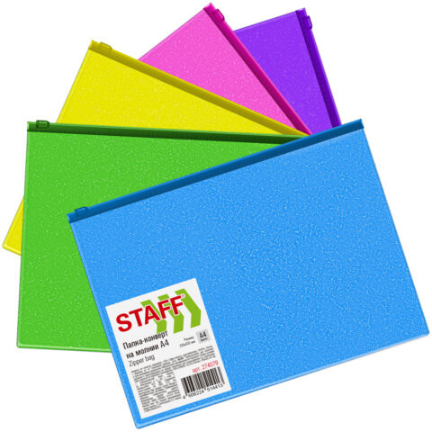 Папка-конверт на молнии А4 (230х333 мм), ПВХ, цвет ассорти с блестками, 0,15 мм, STAFF, 274079 по низкой цене оптом 