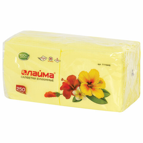 Салфетки бумажные 250 шт., 24х24 см, LAIMA/ЛАЙМА, желтые (пастельный цвет), 100% целлюлоза, 111948 по низкой цене оптом 