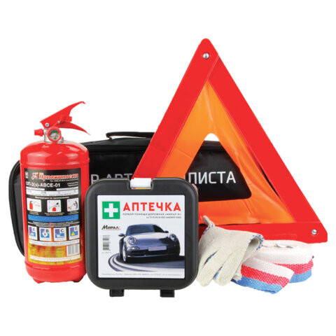 Набор автомобилиста АВТО: аптечка МИРАЛ, огнетушитель ОП-2,знак аварийный, трос, перчатки, 46442 по низкой цене оптом 