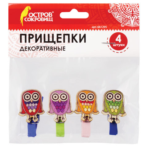 Прищепки декоративные "Совята", 4 штуки, 3,5 см, ассорти, ОСТРОВ СОКРОВИЩ, 661295 по низкой цене оптом 