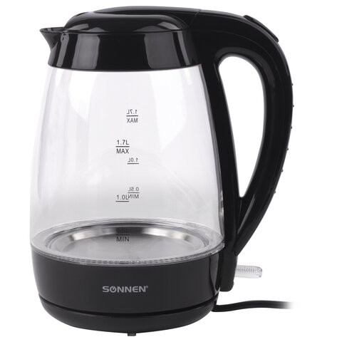 Чайник SONNEN KT-200BK, 1,7 л, 2200 Вт, закрытый нагревательный элемент, стекло, подсветка, черный, 451709 по низкой цене оптом Краснодар, Москва, Уфа, Казань, Барнаул, Владивосток, Хабаровск, Сахалин, Красноярск, Екатеренбург, 