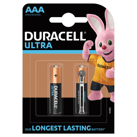 Батарейки КОМПЛЕКТ 2 шт., DURACELL Ultra, AAA (LR03, 24А), алкалиновые, мизинчиковые, блистер по низкой цене оптом 