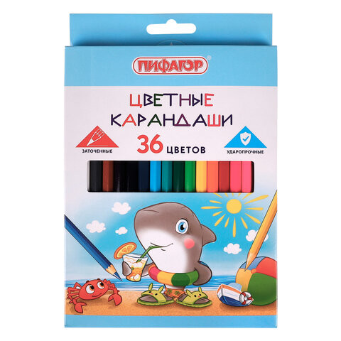 Карандаши цветные ПИФАГОР "Веселые акулята", 36 цветов, классические, заточенные, 181819 по низкой цене оптом Краснодар, Москва, Уфа, Казань, Барнаул, Владивосток, Хабаровск, Сахалин, Красноярск, Екатеренбург, 