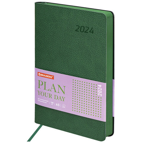 Ежедневник датированный 2024 А5 138x213мм BRAUBERG Stylish, под кожу гибкий, зеленый, 114896 по низкой цене оптом 