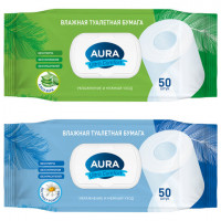 Бумага туалетная влажная 50 шт, AURA Ultra Comfort с пластиковым клапаном, ш/к 20247, 8027