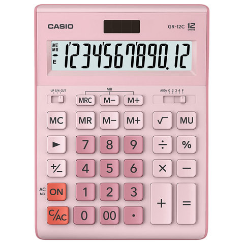 Калькулятор настольный CASIO GR-12С-PK (210х155 мм), 12 разрядов, двойное питание, РОЗОВЫЙ, GR-12C-PK-W-EP по низкой цене оптом 