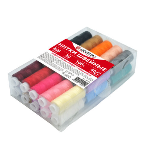 Нитки швейные 40/2 200 м, полиэстер, НАБОР 30 цветов, в ПОДАРОК набор игл, DEVELIA (Девелиа), 609626 по низкой цене оптом Нитки швейные 40/2 200 м, полиэстер, НАБОР 30 цветов, в ПОДАРОК набор игл, DEVELIA (Девелиа), 609626 по низкой цене оптом