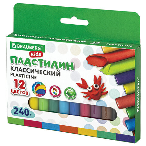 Пластилин классический BRAUBERG KIDS, 12 цветов, 240 г, ВЫСШЕЕ КАЧЕСТВО, 105873 по низкой цене оптом 