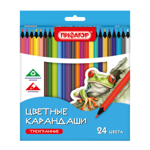 Карандаши цветные ПИФАГОР СТАНДАРТ 24 цвета, трехгранный корпус, 182088 по низкой цене оптом Карандаши цветные ПИФАГОР СТАНДАРТ 24 цвета, трехгранный корпус, 182088 по низкой цене оптом