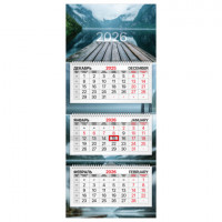 Календарь квартальный 2026г, 3 блока 3 гребня, бегунок, мелованная бумага, BRAUBERG Premium, Озеро, 116829