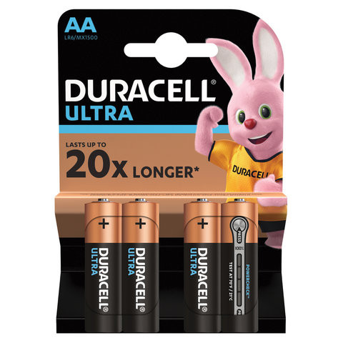 Батарейки КОМПЛЕКТ 4 шт., DURACELL Ultra, AA (LR06, 15А), алкалиновые, пальчиковые, блистер по низкой цене оптом 