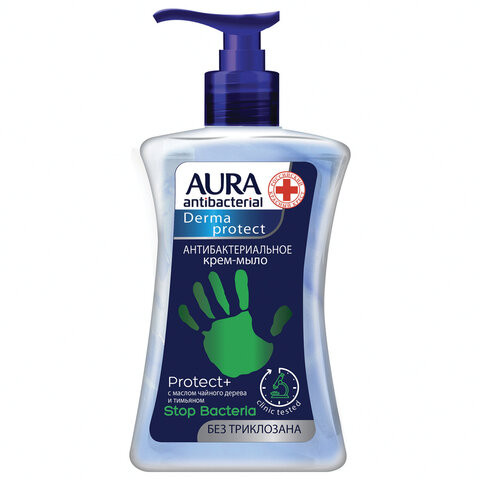 Мыло-крем антибактериальное 250 мл AURA DERMA PROTECT "Чайное дерево и тимьян", дозатор, 9962 по низкой цене оптом  Мыло-крем антибактериальное 250 мл AURA DERMA PROTECT "Чайное дерево и тимьян", дозатор, 9962 по низкой цене оптом