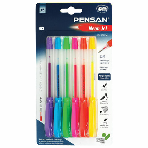 Ручки гелевые PENSAN "Neon Gel", НАБОР 6 ЦВЕТОВ, узел 1 мм, линия письма 0,5 мм, 2290/B6 по низкой цене оптом Краснодар, Москва, Уфа, Казань, Барнаул, Владивосток, Хабаровск, Сахалин, Красноярск, Екатеренбург, 