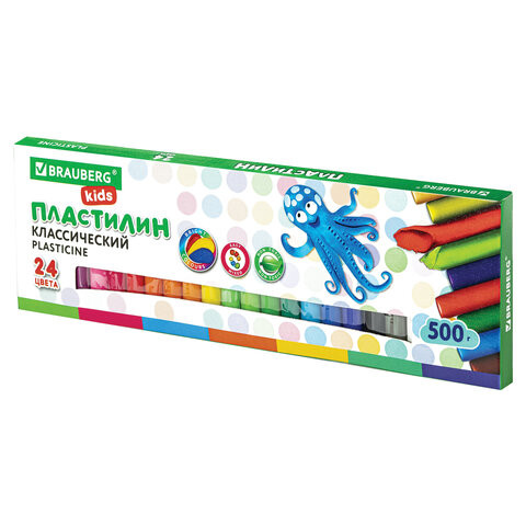 Пластилин классический BRAUBERG KIDS, 24 цвета, 500 г, ВЫСШЕЕ КАЧЕСТВО, 105874 по низкой цене оптом 