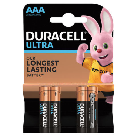 Батарейки КОМПЛЕКТ 4 шт., DURACELL Ultra, AAA (LR03, 24А), алкалиновые, мизинчиковые, блистер по низкой цене оптом 