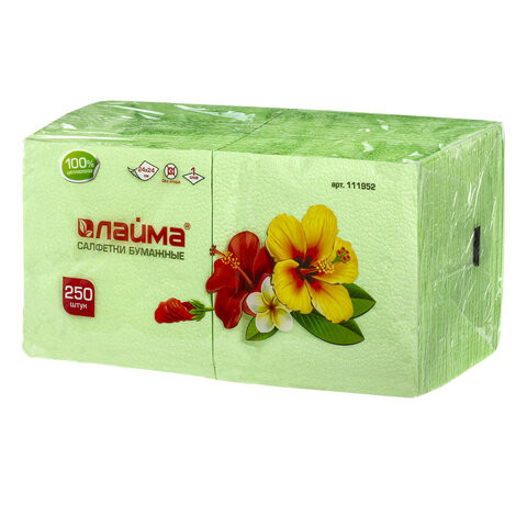 Салфетки бумажные, 250 шт., 24х24 см, LAIMA/ЛАЙМА, зеленые (пастельный цвет), 100% целлюлоза, 111952 по низкой цене оптом 
