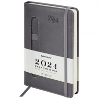 Ежедневник датированный 2024 А5 138x213мм BRAUBERG Optimal, под кожу, резинка-фиксатор, держатель для ручки, серый, 114977