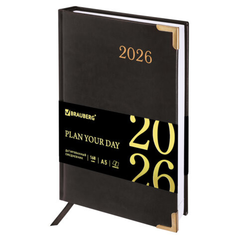 Ежедневник датированный 2026 А5 138x213мм BRAUBERG Senator, под кожу, черный, 117094 по низкой цене оптом 