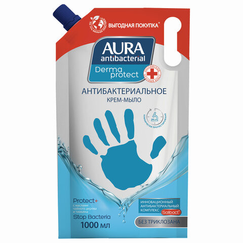 Мыло-крем жидкое антибактериальное 1 л AURA DERMA PROTECT "Чайное дерево и тимьян", дой-пак, 10363 по низкой цене оптом  Мыло-крем жидкое антибактериальное 1 л AURA DERMA PROTECT "Чайное дерево и тимьян", дой-пак, 10363 по низкой цене оптом