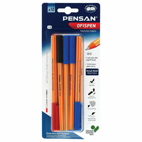 Ручки масляные PENSAN "Officepen", НАБОР 10 шт., АССОРТИ, узел 1 мм, линия письма 0,5 мм, 1010/B10 по низкой цене оптом 