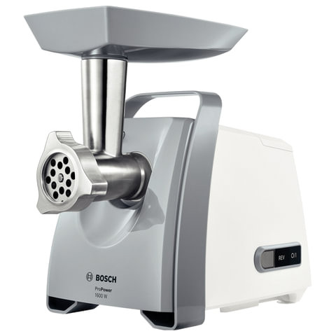 Мясорубка BOSCH MFW45020, мощность 1600 Вт, производительность 2,7 кг/мин, металлический шнек, реверс, пластик, белая/серая по низкой цене оптом 