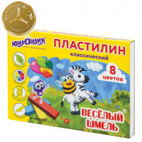 Пластилин классический ЮНЛАНДИЯ "ВЕСЕЛЫЙ ШМЕЛЬ", 8 цветов, 120 г, СО СТЕКОМ, 105720