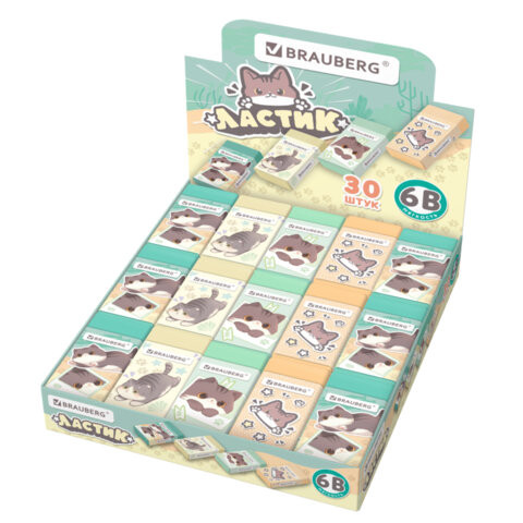 Ластик BRAUBERG CUTE CATS, 50х24х10 мм, прямоугольный, цвет ластика ассорти, эко-пвх, картонный держатель, 273227