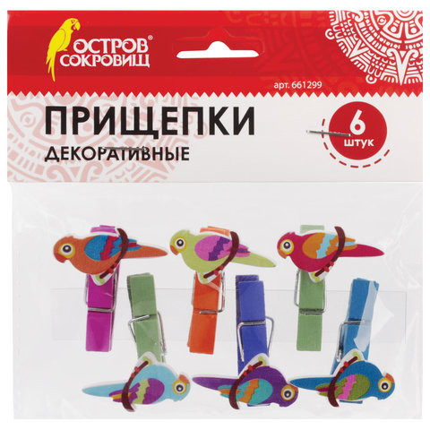 Прищепки декоративные "Птички", 6 штук, 3,5 см, ассорти, ОСТРОВ СОКРОВИЩ, 661299 по низкой цене оптом 